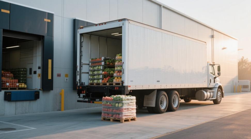 A box truck backed up to a loading dock with its rear doors open, loaded with palletized fresh produce and packaged food ready for distribution.